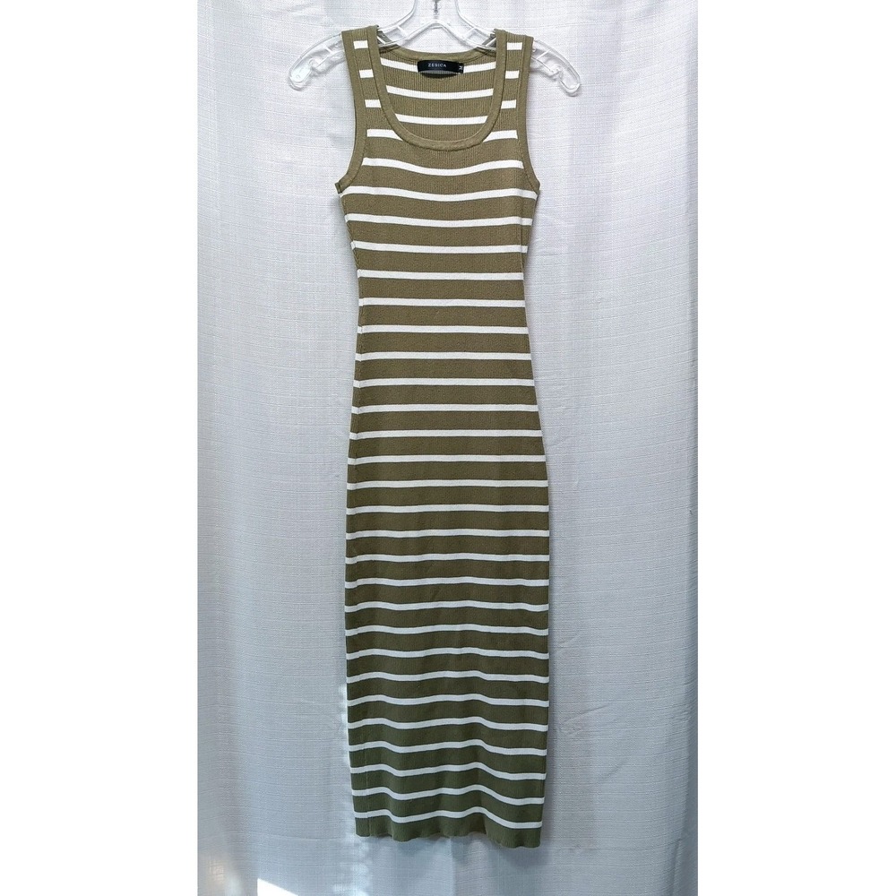 Zesica Maxi Sleeveless Dress Women's M Green White Striped Stretch 90s Y2K